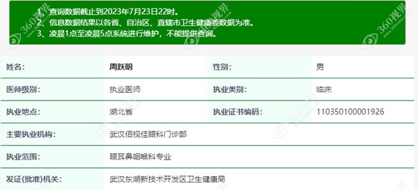 武汉佰视佳眼科周跃明医生医疗资质信息