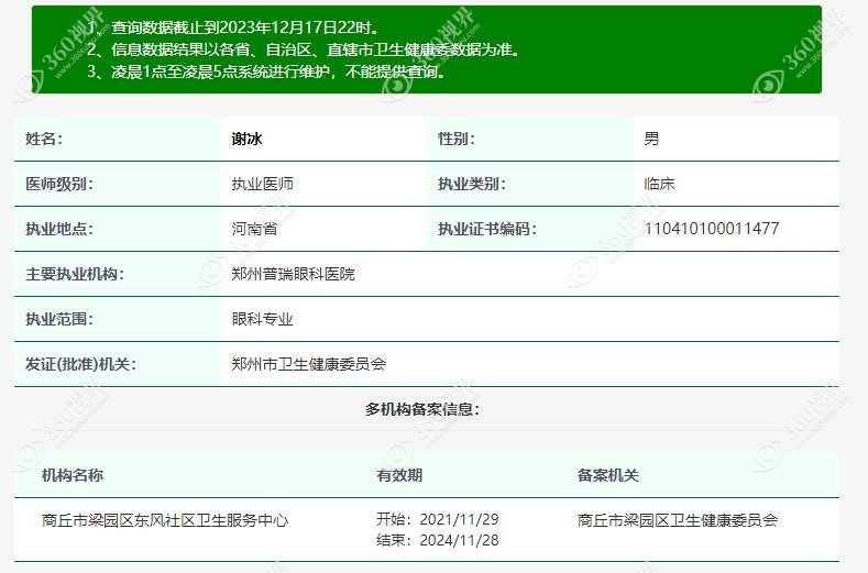 普瑞眼科谢冰的执业资质www.360tulou.com